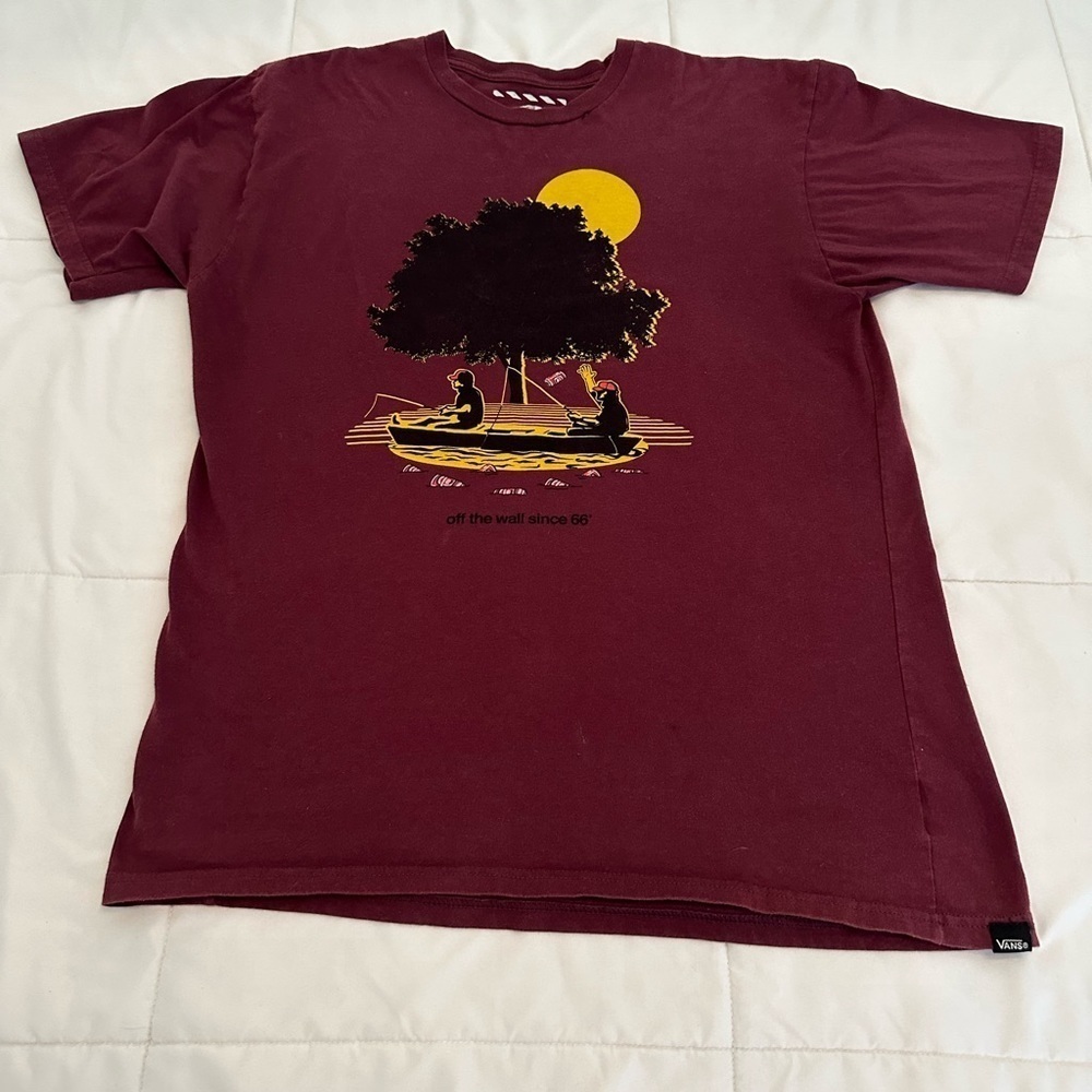 Vans Off The Wall Mens T Shirt Large L Custom Fit Burgundy Logo Cotton Casual